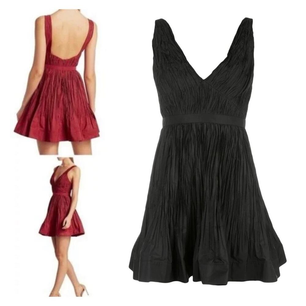 Alexis Marilou Crinkled A-Line Plunge Neck Mini Dress in BLACK Size Medium